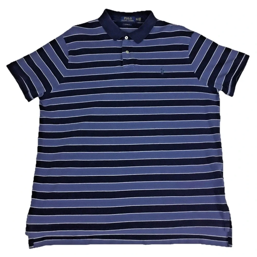 Polo Ralph Lauren Mens XXL Custom Fit Blue Striped Short Sleeve Pique Polo Shirt